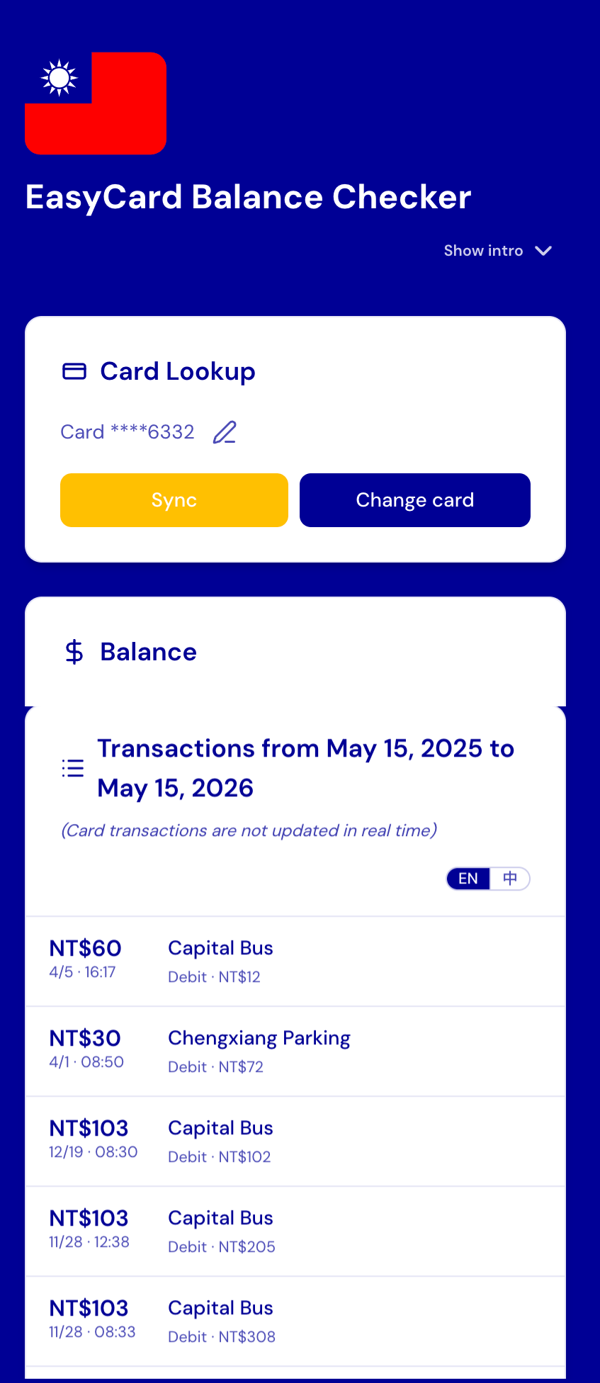 My EasyCard balance checker showing balance and recent transactions in English